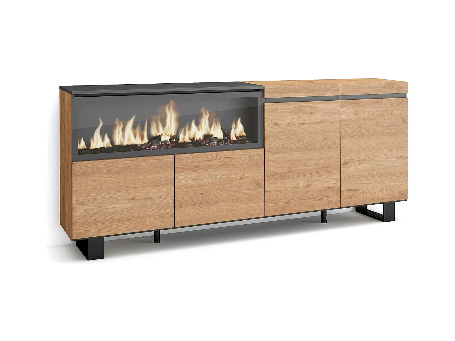 Buffet salon et cuisine, 208x35x87cm, 4 Portes, Cheminée électrique XXL, Design industriel, Chêne