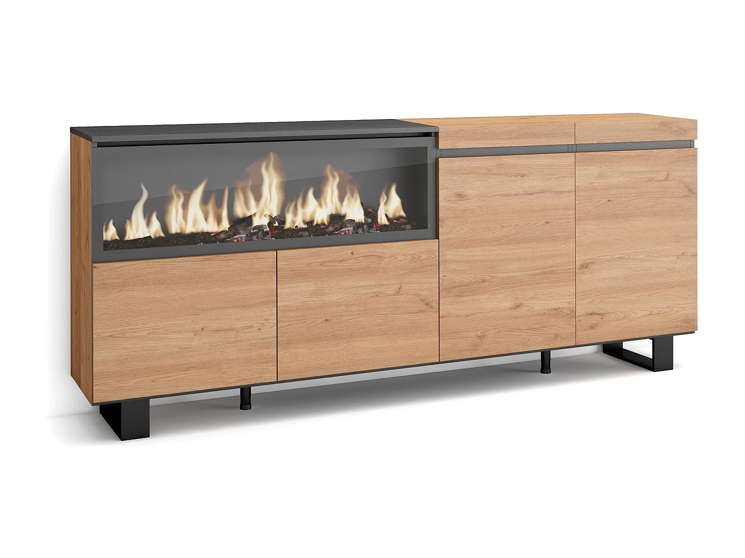 Buffet salon et cuisine, 208x35x87cm, 4 Portes, Cheminée électrique XXL, Design industriel, Chêne