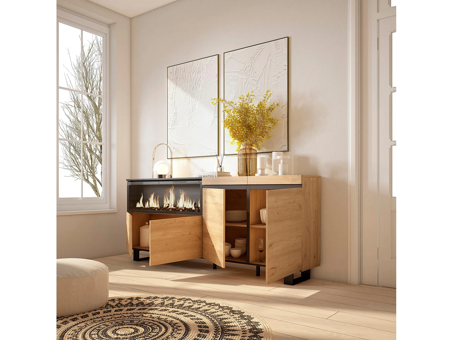 Buffet salon et cuisine, 208x35x87cm, 4 Portes, Cheminée électrique XXL, Design industriel, Chêne