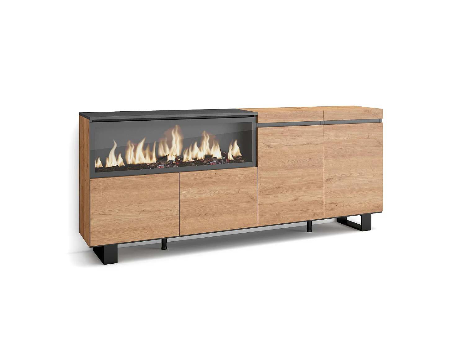 Buffet salon et cuisine, 208x35x87cm, 4 Portes, Cheminée électrique XXL, Design industriel, Chêne