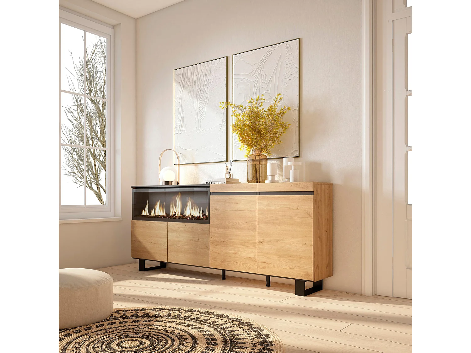 Buffet salon et cuisine, 208x35x87cm, 4 Portes, Cheminée électrique XXL, Design industriel, Chêne