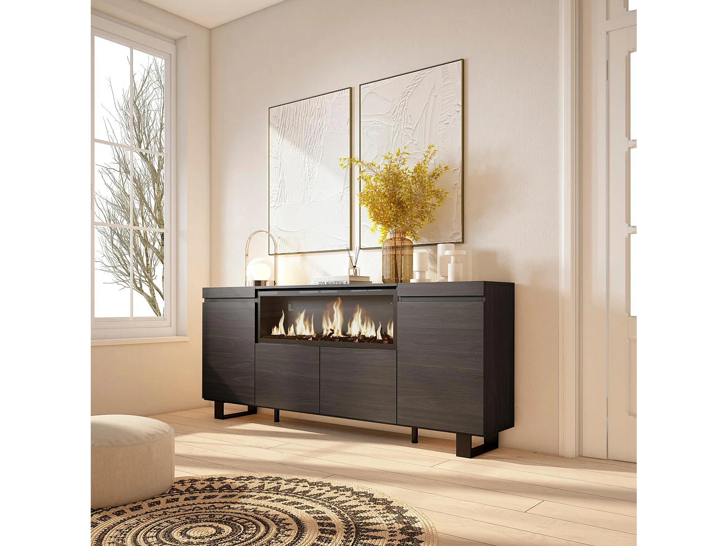 Dressoir, Opbergkast, 208x35x87cm, 4 Deuren, Elektrische haard XXL, Industrieel design, Zwart