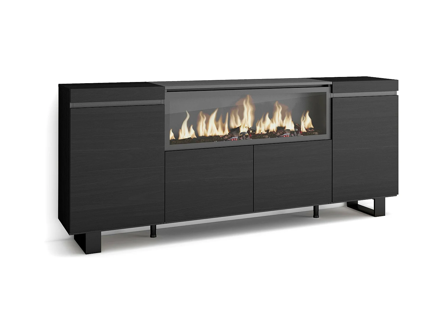 Buffet salon et cuisine, 208x35x87cm, 4 Portes, Cheminée électrique XXL, Design industriel, Noir
