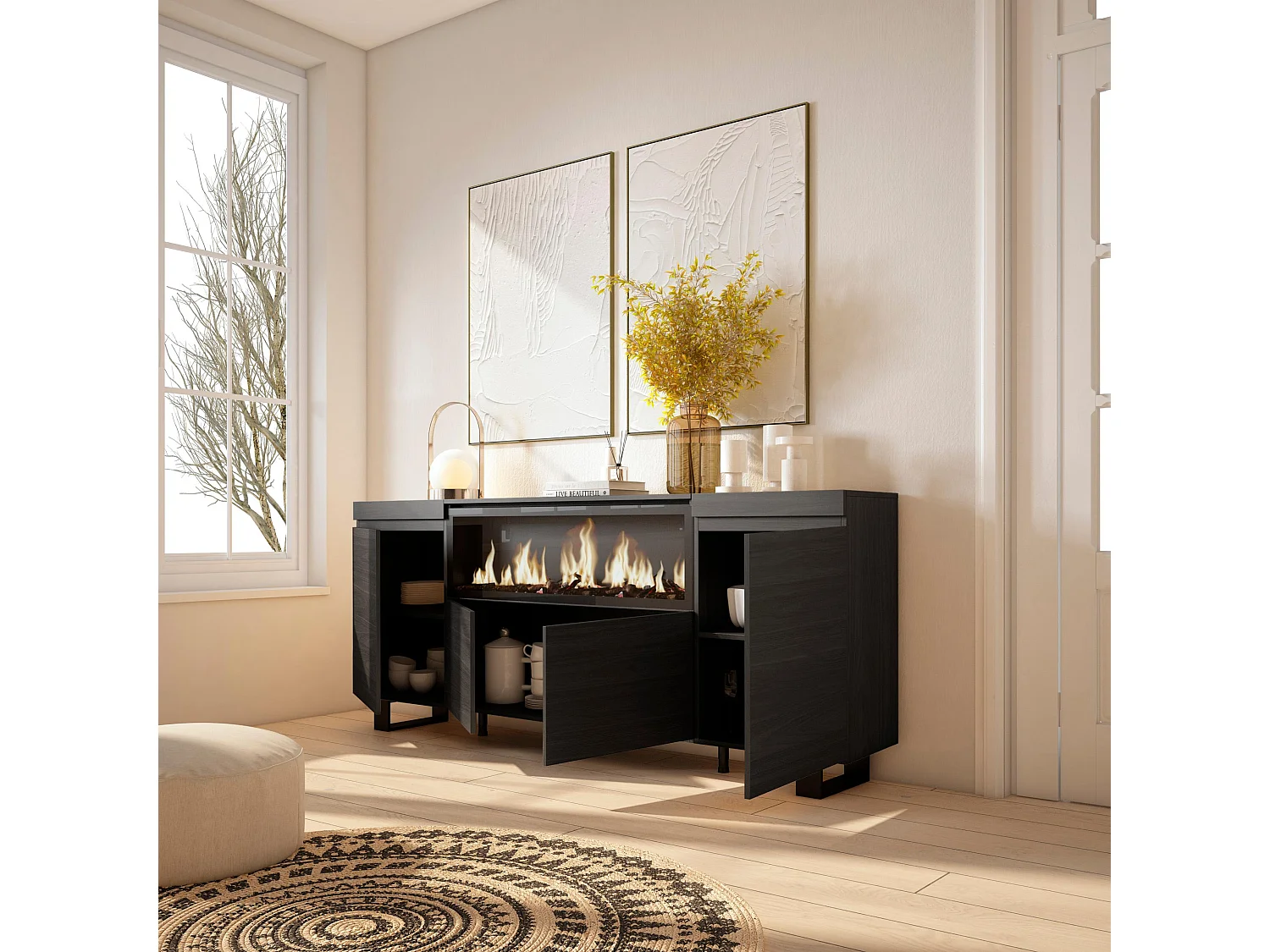 Dressoir, Opbergkast, 208x35x87cm, 4 Deuren, Elektrische haard XXL, Industrieel design, Zwart