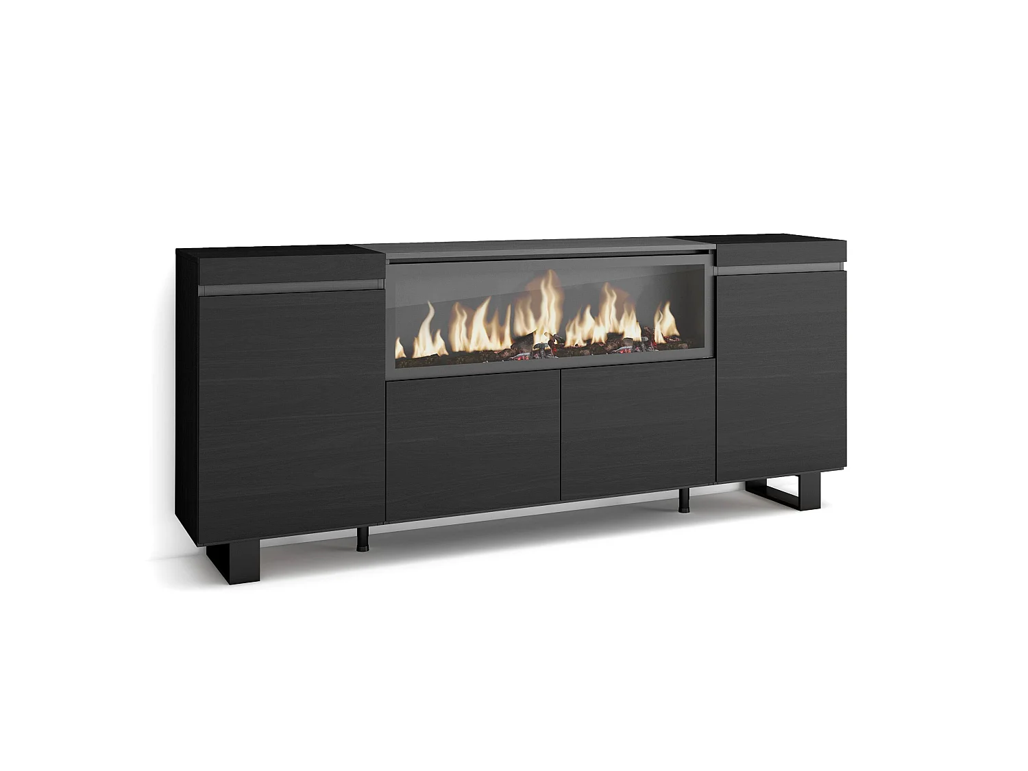 Dressoir, Opbergkast, 208x35x87cm, 4 Deuren, Elektrische haard XXL, Industrieel design, Zwart