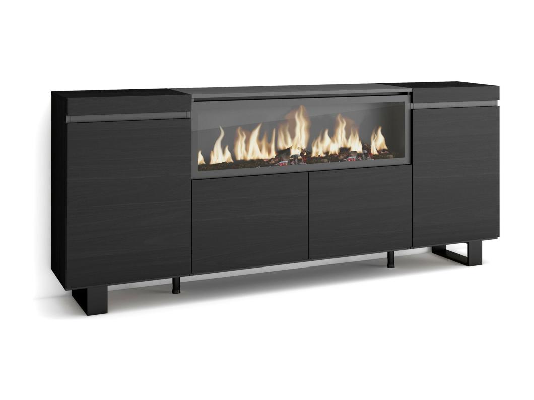 Dressoir, Opbergkast, 210, 4 Deuren, Elektrische haard XXL, Industrieel design, Zwart