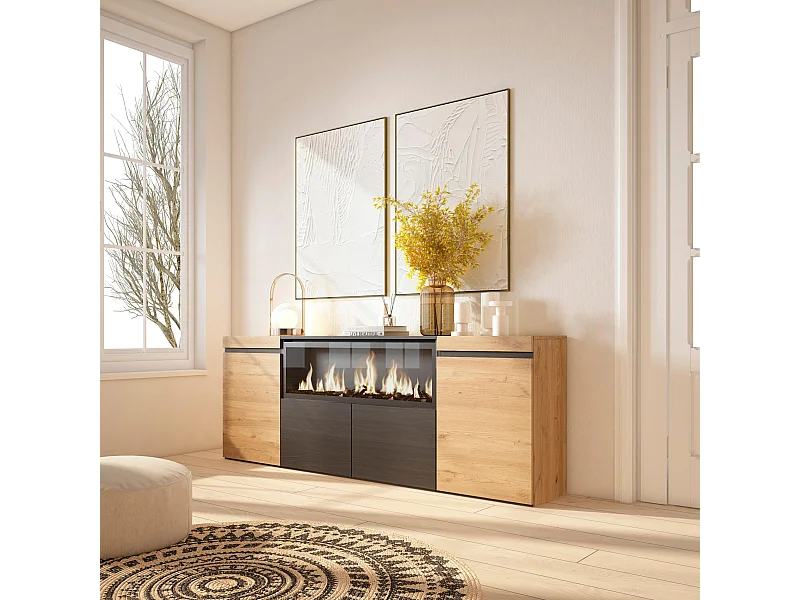 Credenza, Mobile, Cucina, 208x35x75cm, 4 Porte, Camino elettrico XXL, Rovere e nero