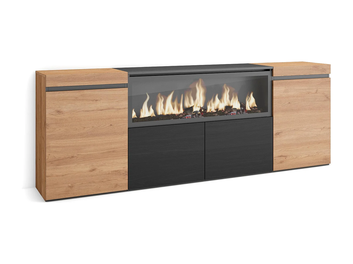 Aparador sala de jantar, 208x35x75cm, 4 Portas, Lareira eléctrica XXL, Carvahlo e preto