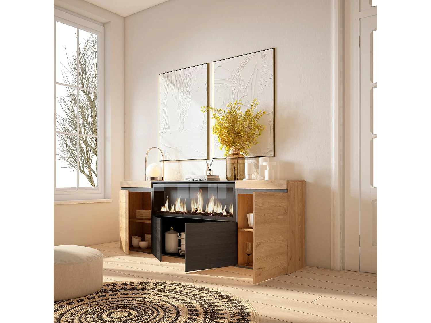 Aparador sala de jantar, 208x35x75cm, 4 Portas, Lareira eléctrica XXL, Carvahlo e preto