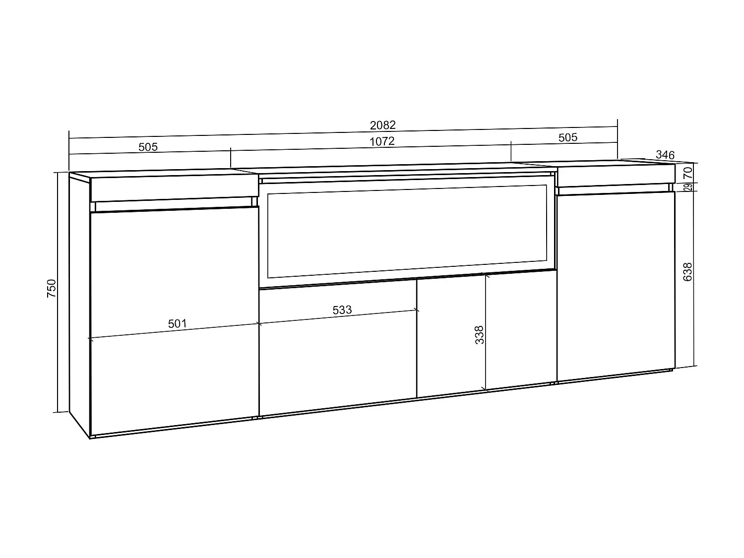 Aparador sala de jantar, 208x35x75cm, 4 Portas, Lareira eléctrica XXL, Carvahlo e preto