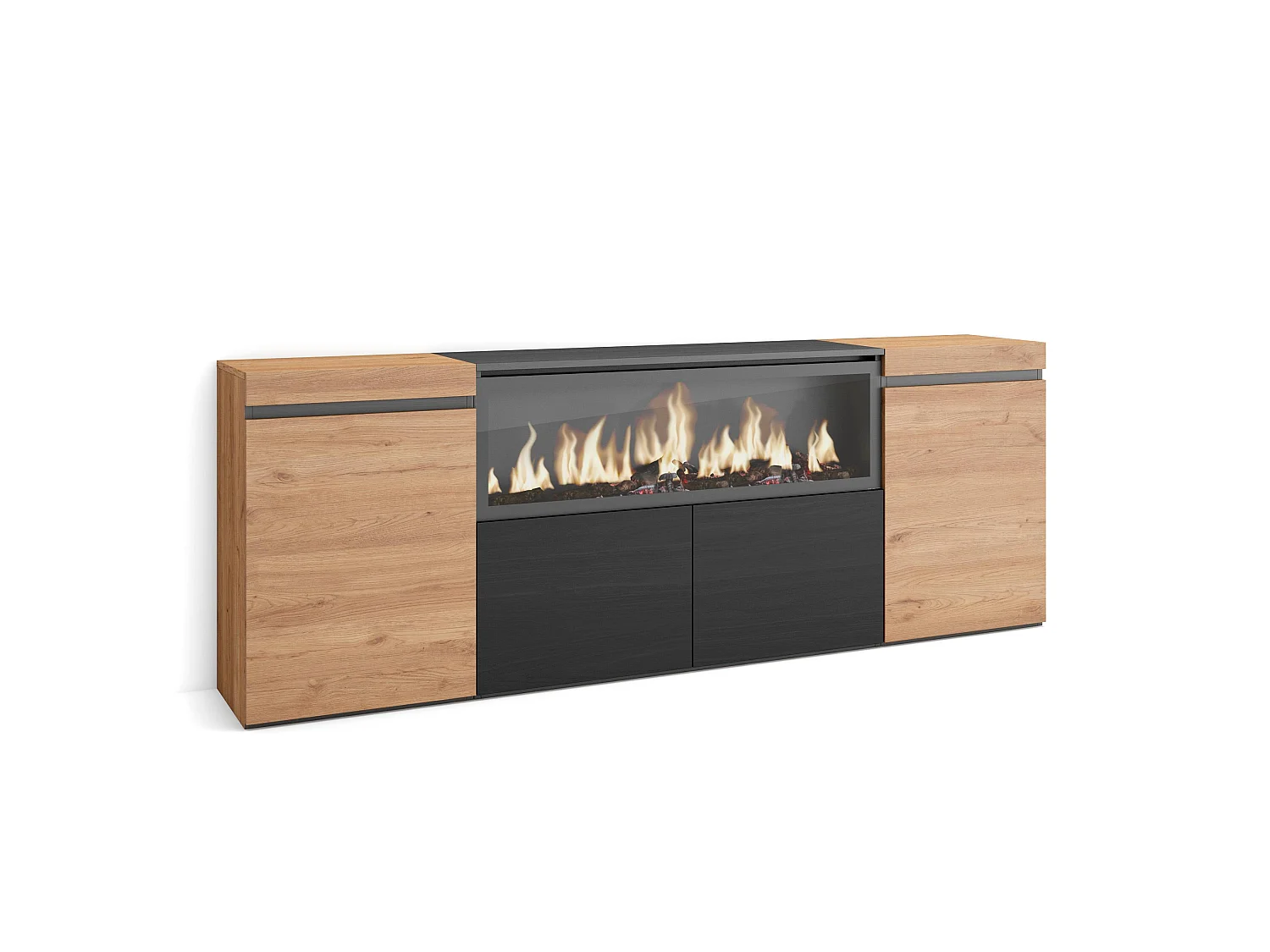 Dressoir, Opbergkast, 208x35x75cm, 4 Deuren, Elektrische haard XXL, Eiken/Zwart
