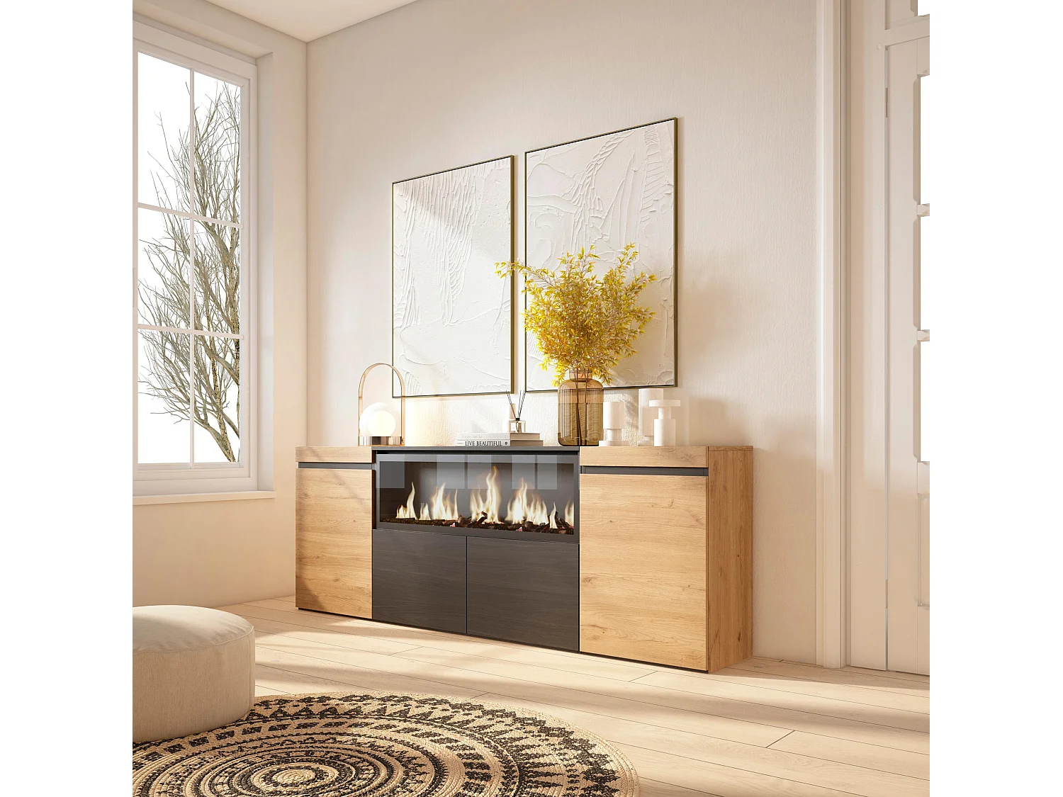 Dressoir, Opbergkast, 208x35x75cm, 4 Deuren, Elektrische haard XXL, Eiken/Zwart