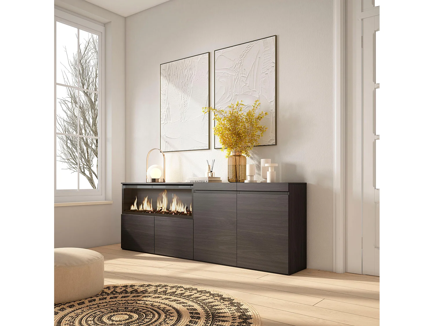 Dressoir, Opbergkast, 208x35x75cm, 4 Deuren, Elektrische haard XXL, Zwart