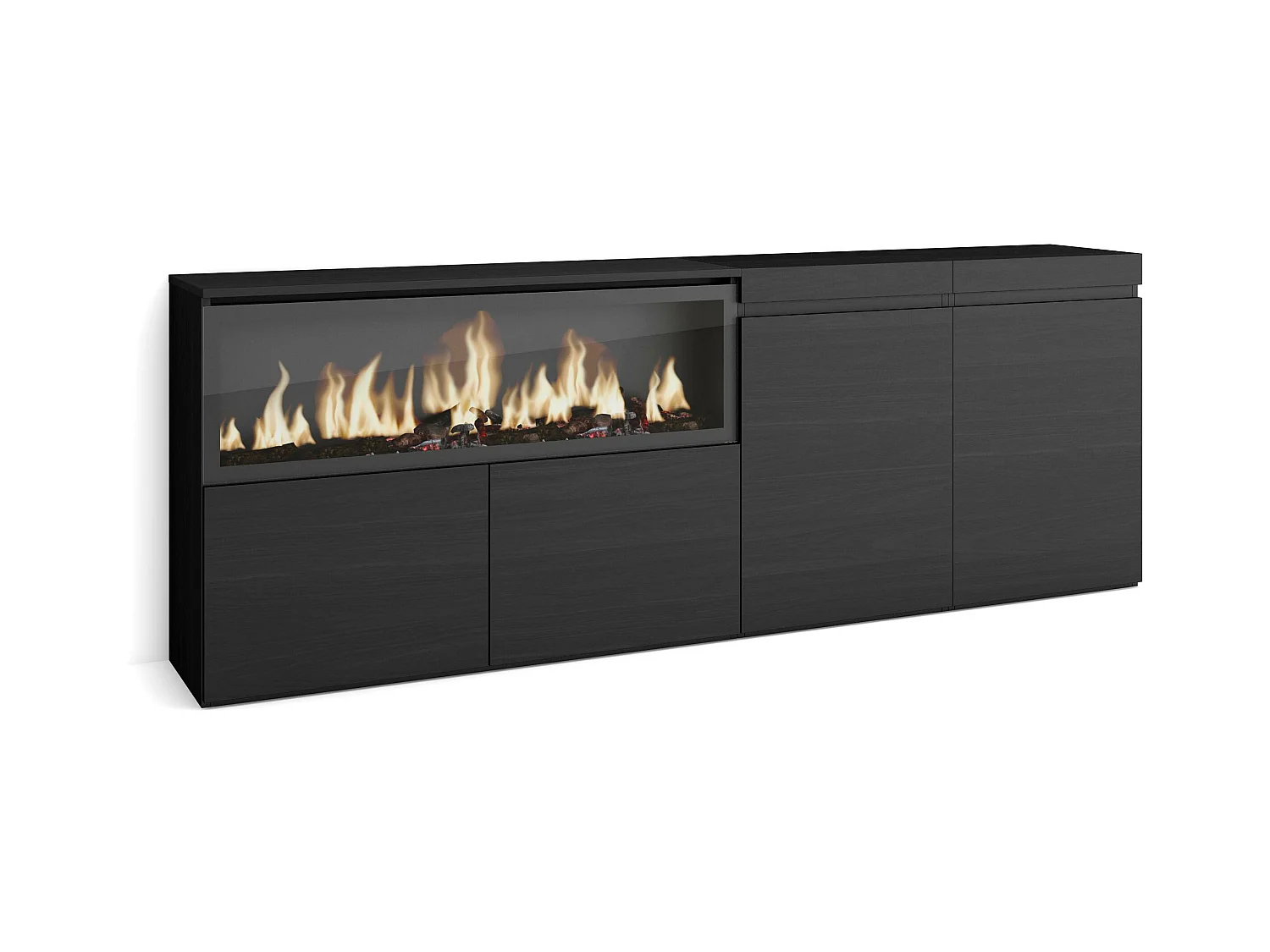 Buffet salon et cuisine, 208x35x75cm, 4 Portes, Cheminée électrique XXL, Noir