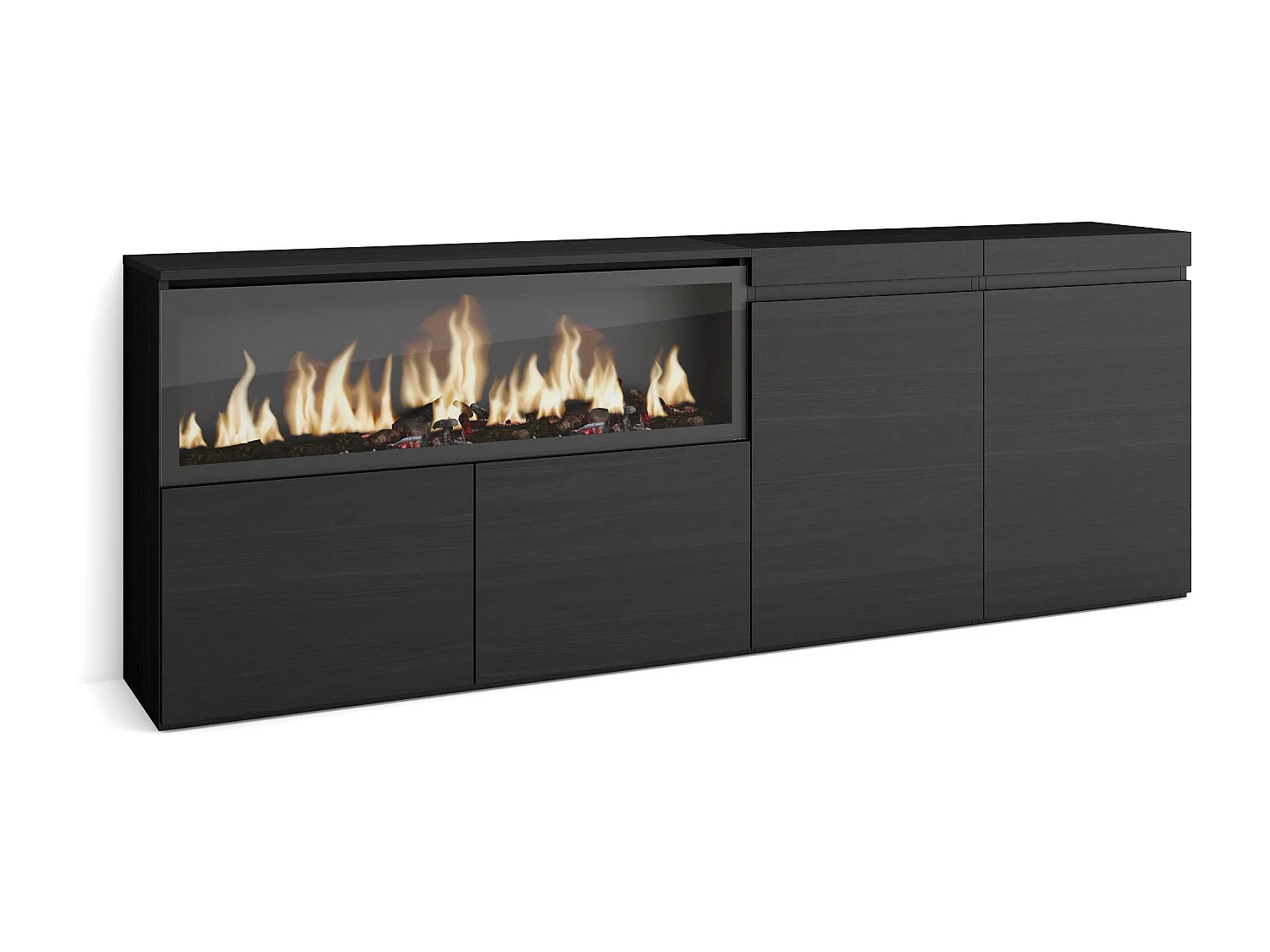 Dressoir, Opbergkast, 208x35x75cm, 4 Deuren, Elektrische haard XXL, Zwart