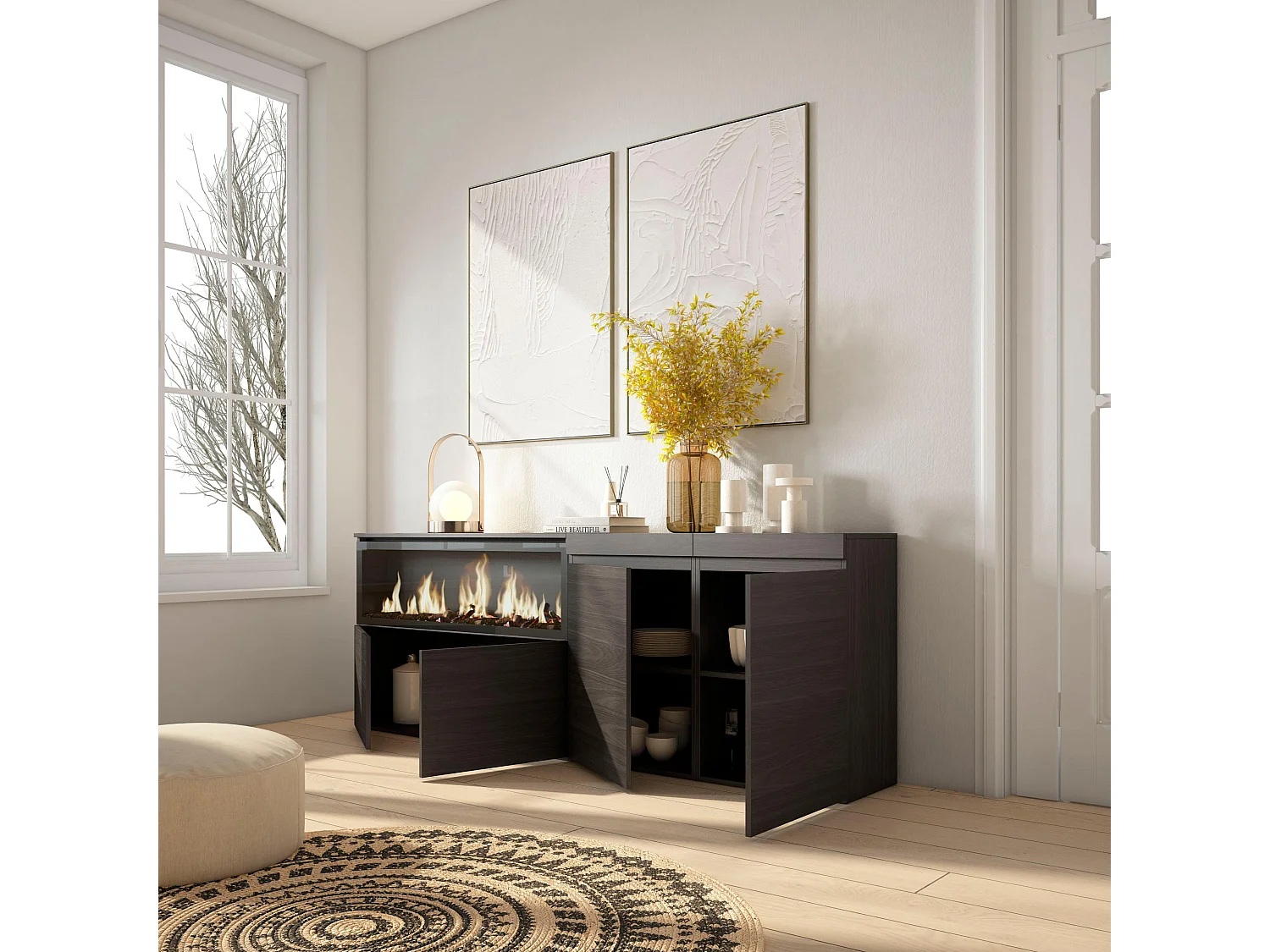 Dressoir, Opbergkast, 208x35x75cm, 4 Deuren, Elektrische haard XXL, Zwart