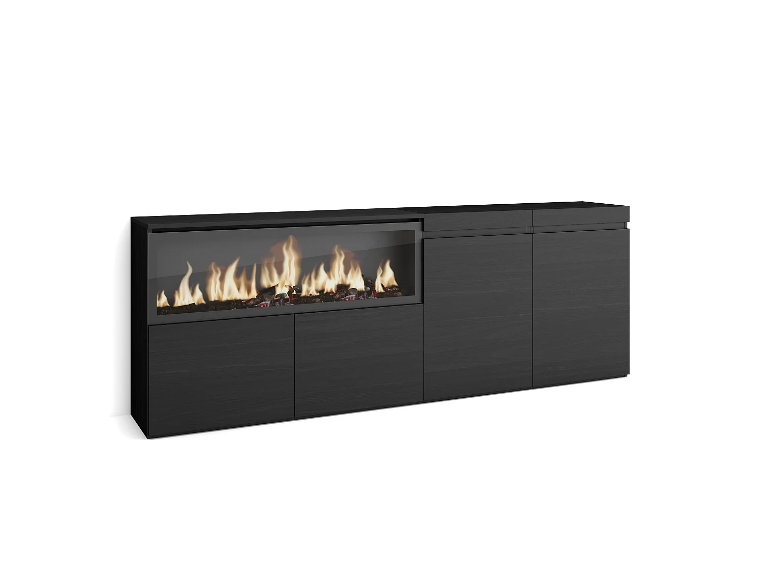 Dressoir, Opbergkast, 208x35x75cm, 4 Deuren, Elektrische haard XXL, Zwart