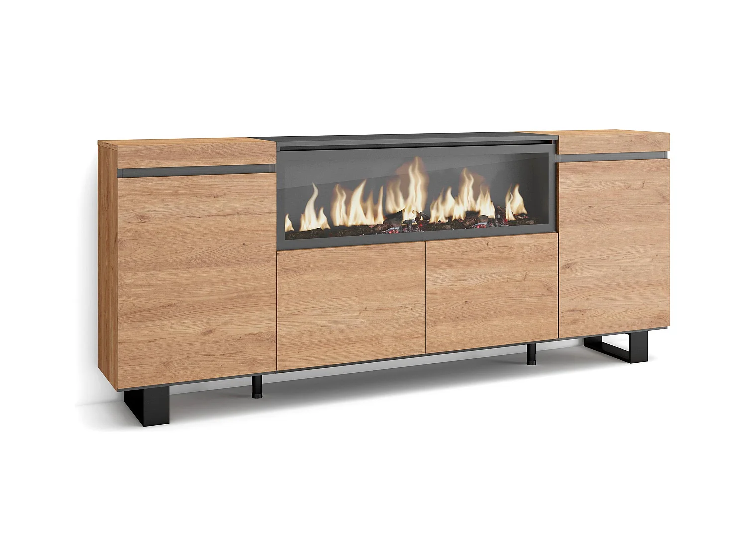 Buffet salon et cuisine, 208x35x87cm, 4 Portes, Cheminée électrique XXL, Design industriel, Chêne