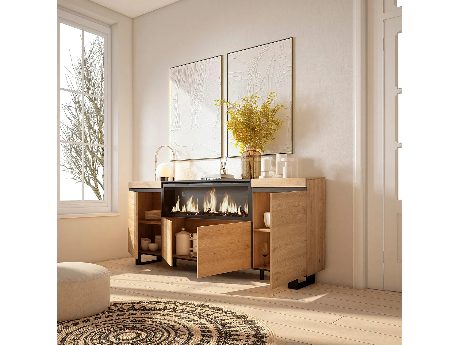 Buffet salon et cuisine, 208x35x87cm, 4 Portes, Cheminée électrique XXL, Design industriel, Chêne