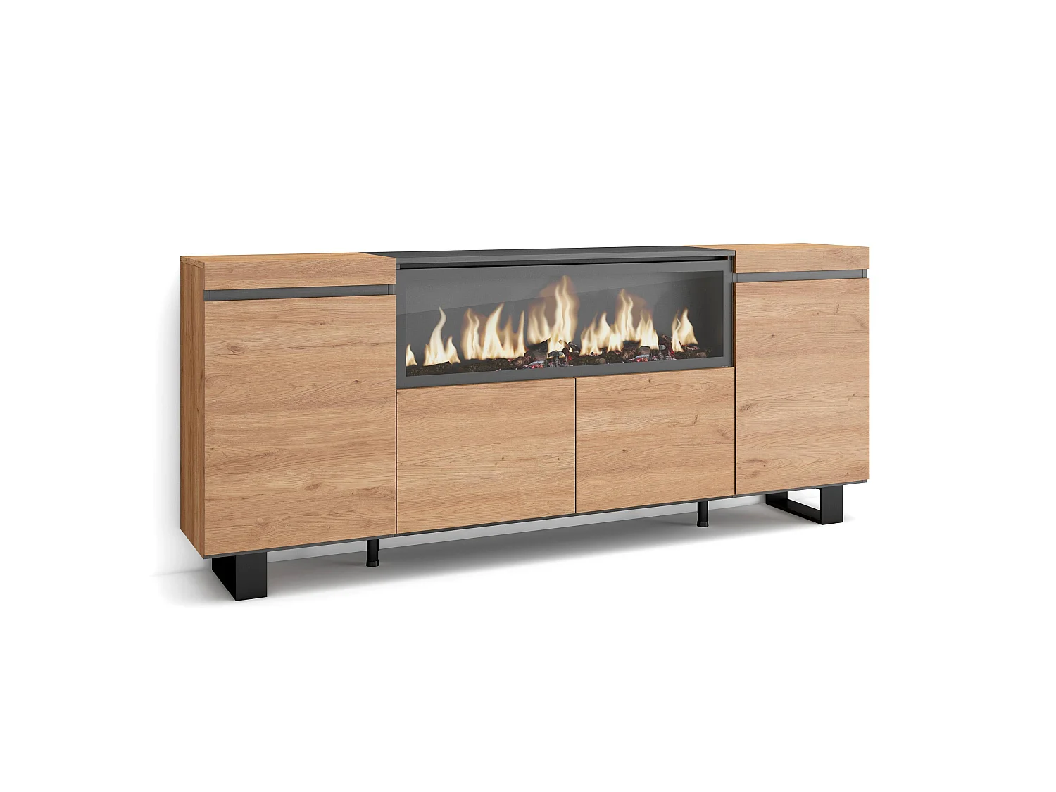 Buffet salon et cuisine, 208x35x87cm, 4 Portes, Cheminée électrique XXL, Design industriel, Chêne