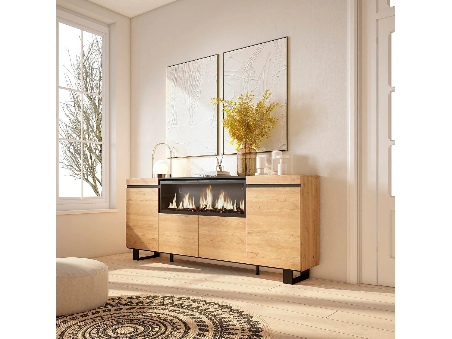 Buffet salon et cuisine, 208x35x87cm, 4 Portes, Cheminée électrique XXL, Design industriel, Chêne