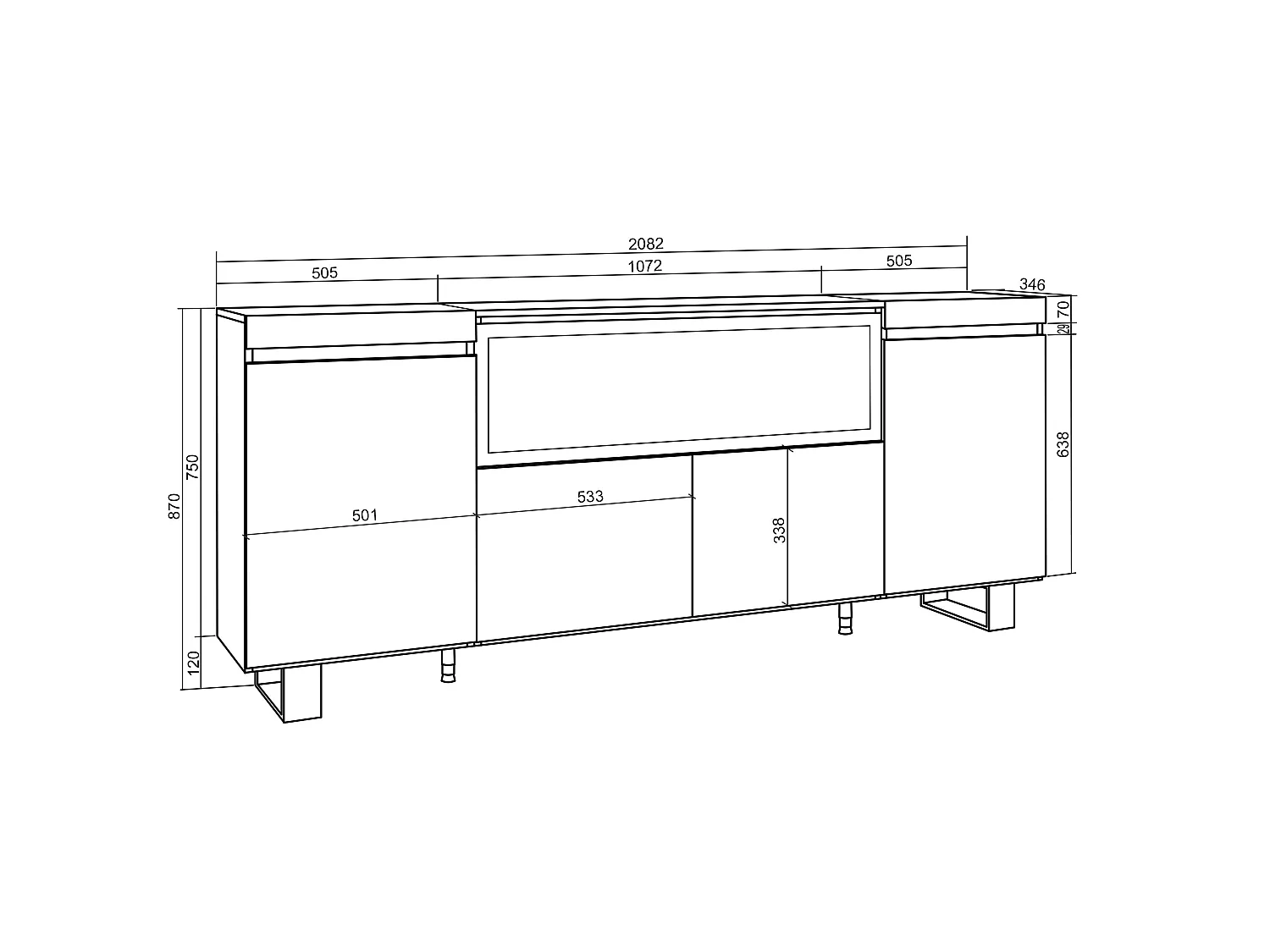 Buffet salon et cuisine, 208x35x87cm, 4 Portes, Cheminée électrique XXL, Design industriel, Chêne
