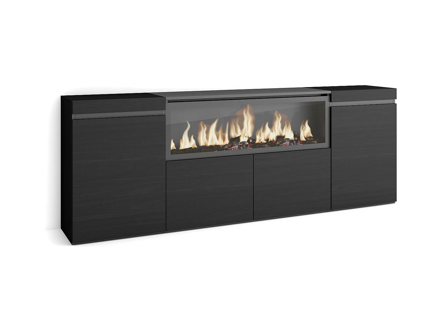 Buffet salon et cuisine, 208x35x75cm, 4 Portes, Cheminée électrique XXL, Noir