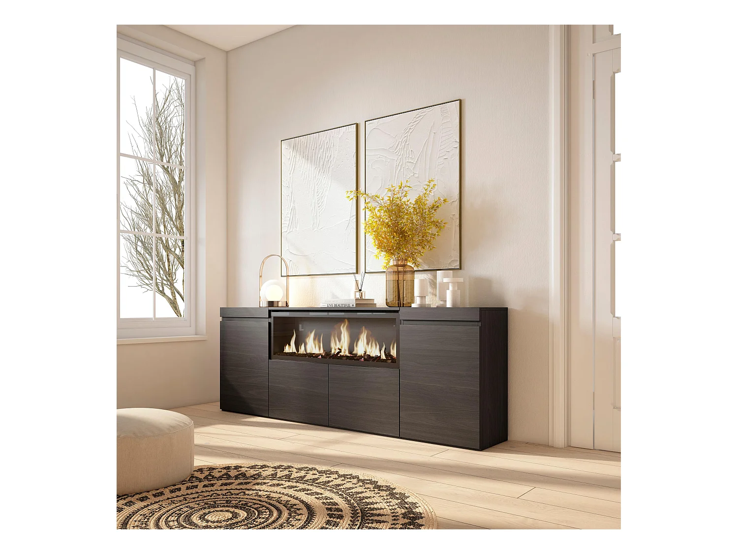 Sideboard, Highboard, 208x35x75cm, 4 Türen, Elektrokamin XXL, Schwarz