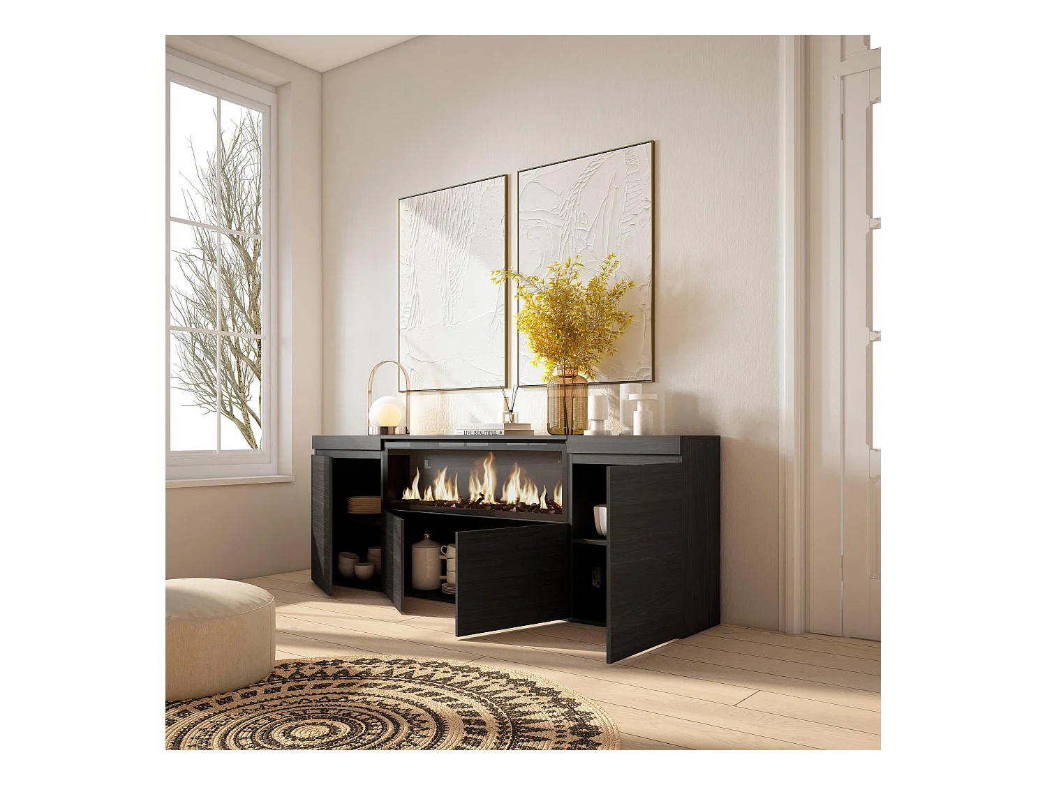 Sideboard, Highboard, 208x35x75cm, 4 Türen, Elektrokamin XXL, Schwarz