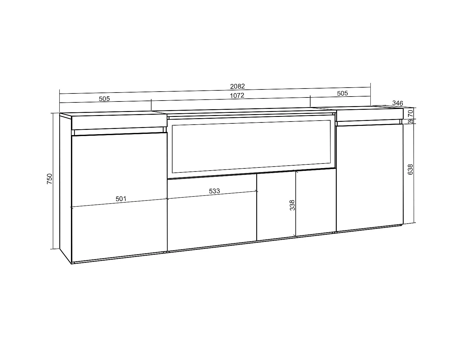 Sideboard, Highboard, 208x35x75cm, 4 Türen, Elektrokamin XXL, Schwarz