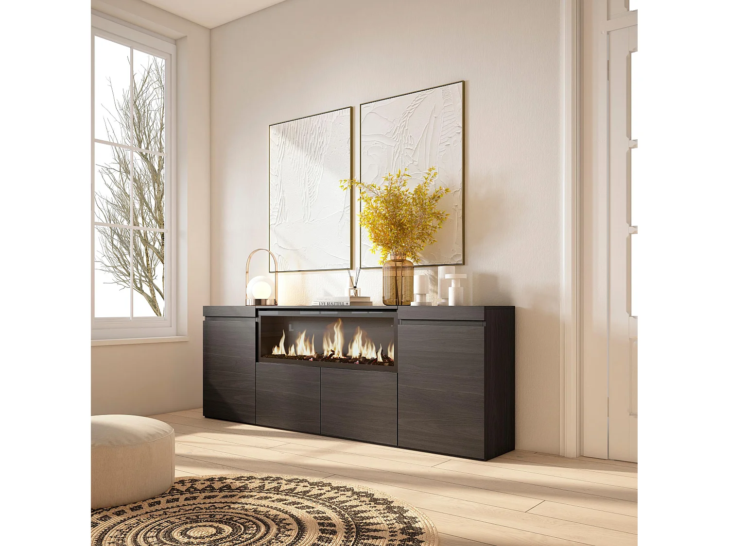 Dressoir, Opbergkast, 208x35x75cm, 4 Deuren, Elektrische haard XXL, Zwart