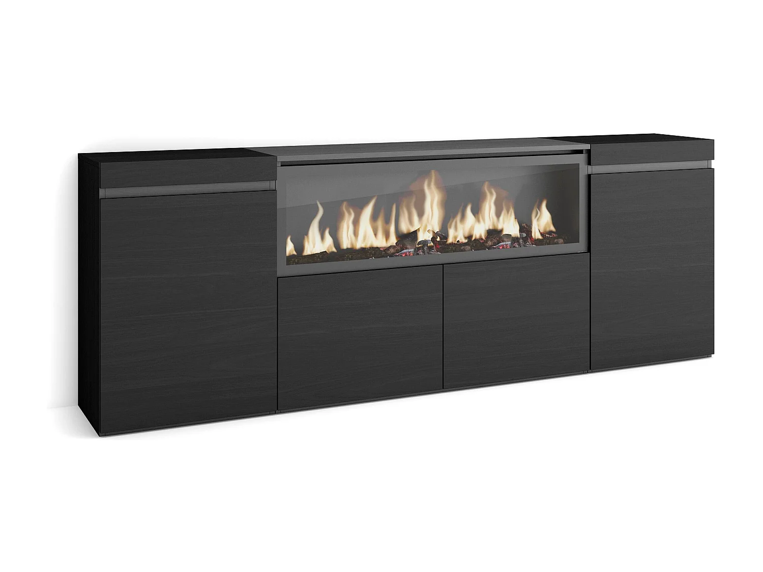 Dressoir, Opbergkast, 208x35x75cm, 4 Deuren, Elektrische haard XXL, Zwart