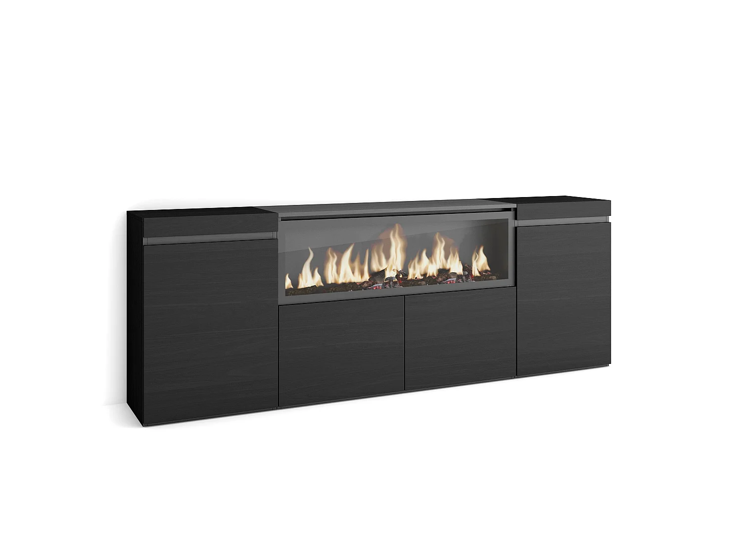 Dressoir, Opbergkast, 208x35x75cm, 4 Deuren, Elektrische haard XXL, Zwart