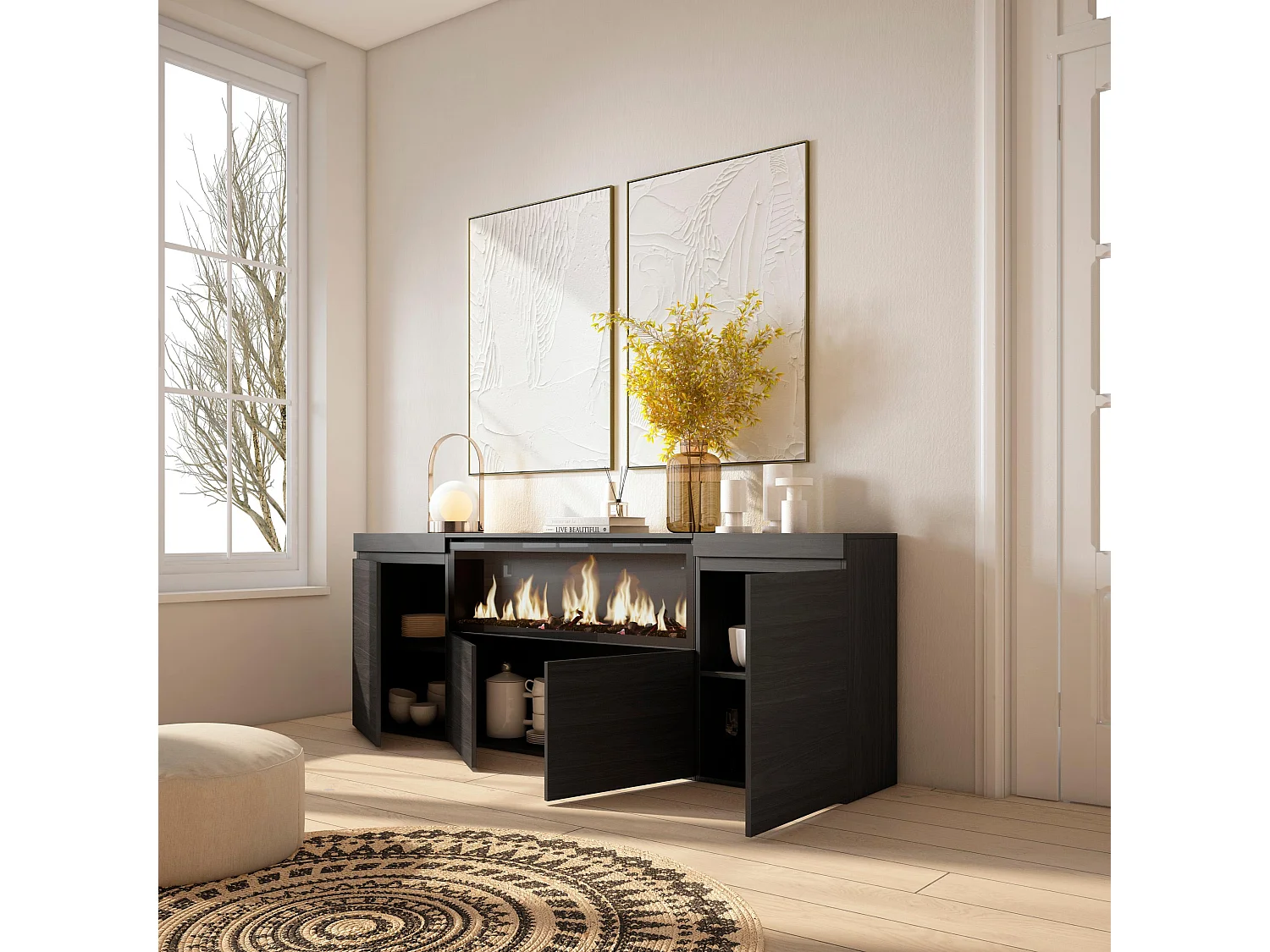 Dressoir, Opbergkast, 208x35x75cm, 4 Deuren, Elektrische haard XXL, Zwart