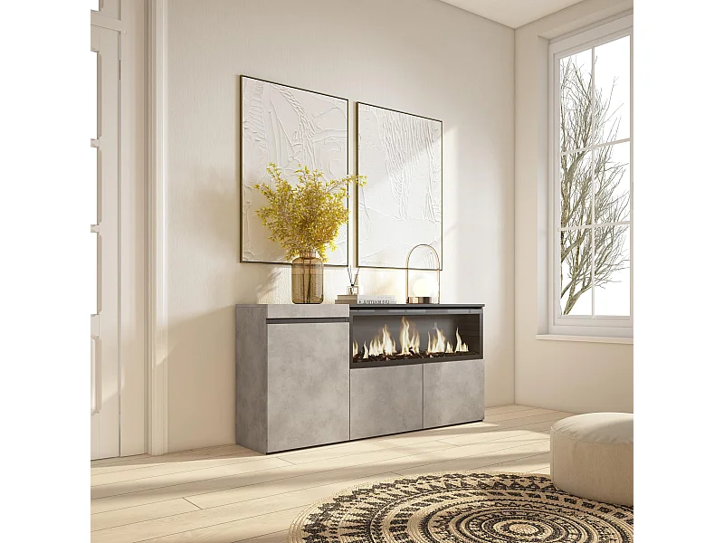 Credenza, Mobile, Cucina, 158x35x87cm, 3 Porte, Camino elettrico XXL, Cemento