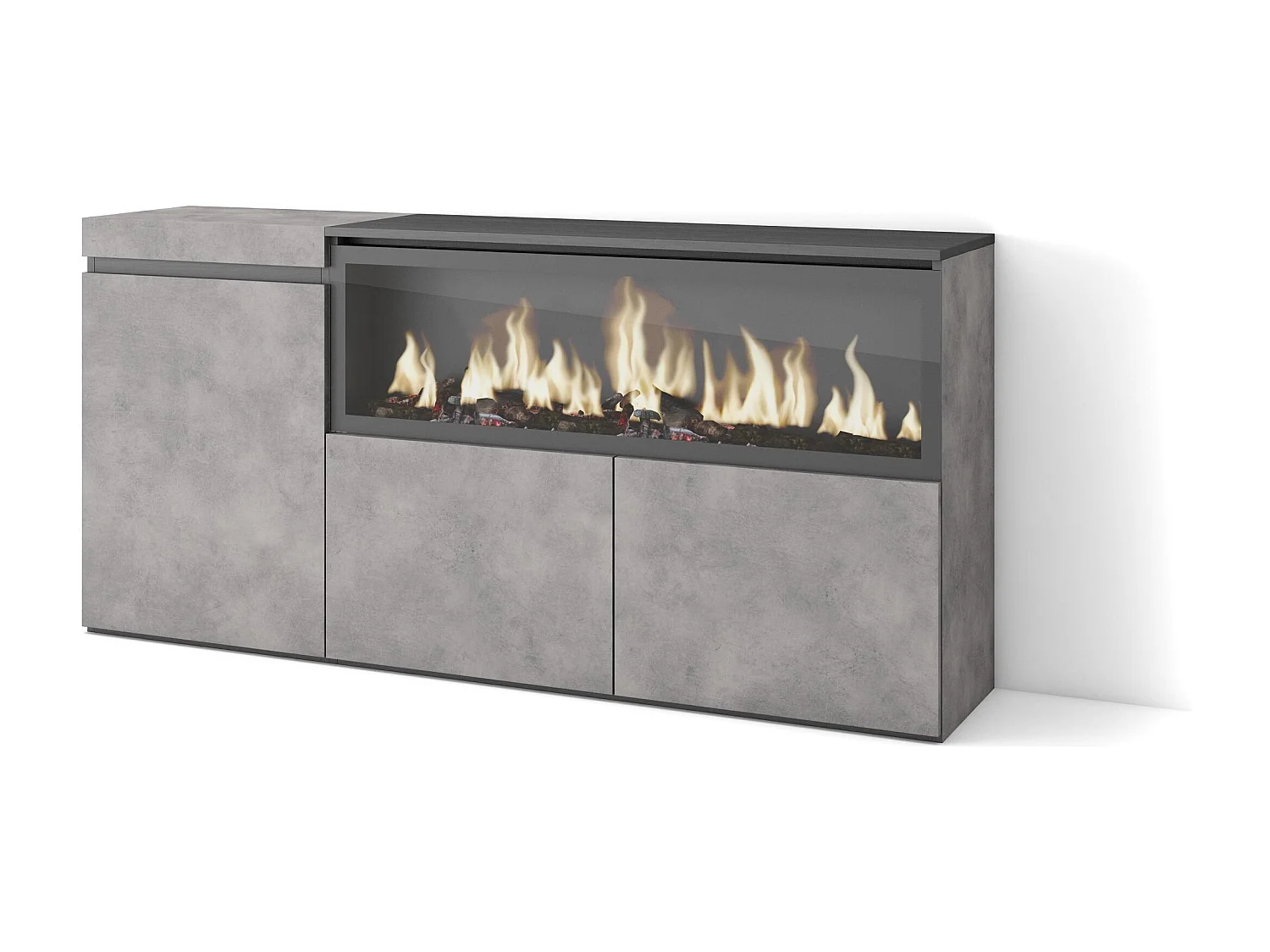 Dressoir, Opbergkast, 158x35x75cm, 3 Deuren, Elektrische haard XXL, Cement