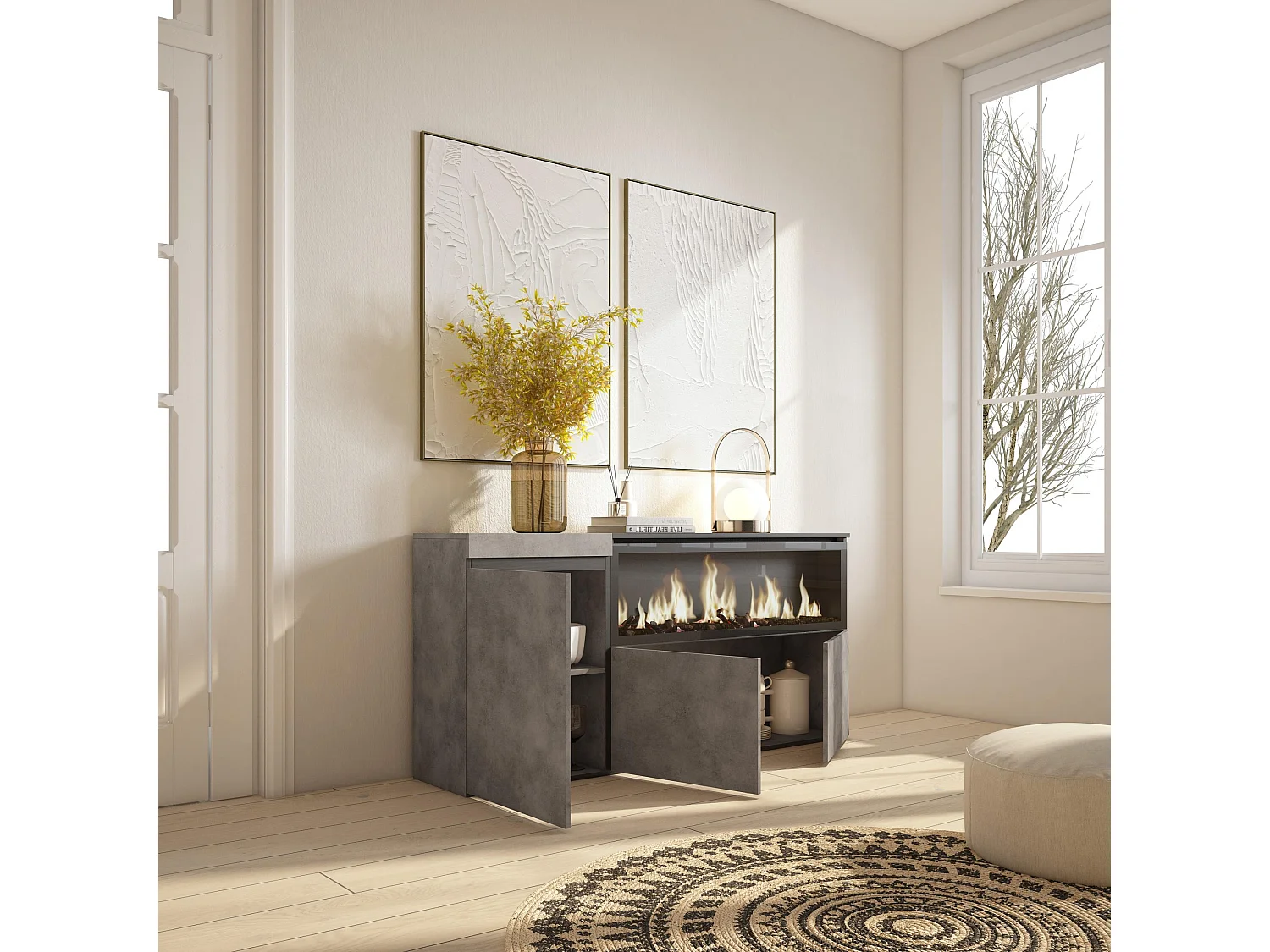 Dressoir, Opbergkast, 158x35x75cm, 3 Deuren, Elektrische haard XXL, Cement