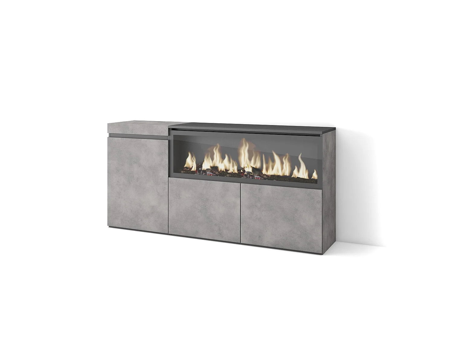 Buffet salon et cuisine, 158x35x75cm, 3 Portes, Cheminée électrique XXL, Ciment