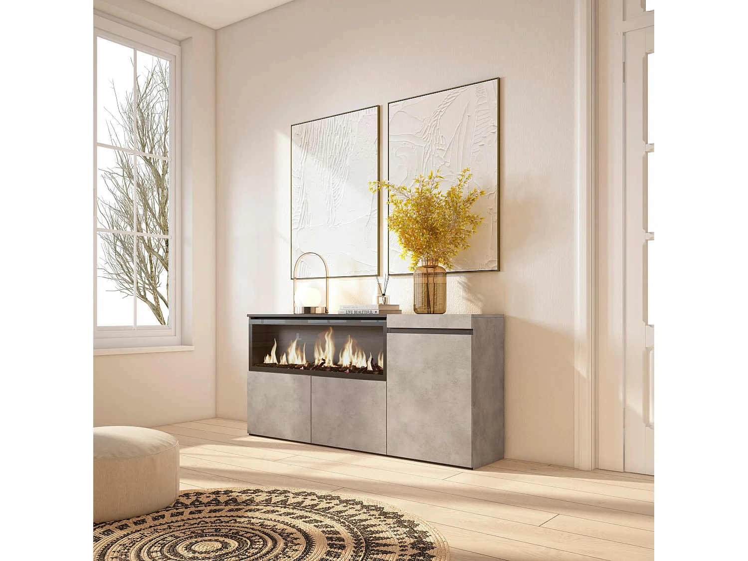 Dressoir, Opbergkast, 158x35x75cm, 3 Deuren, Elektrische haard XXL, Cement