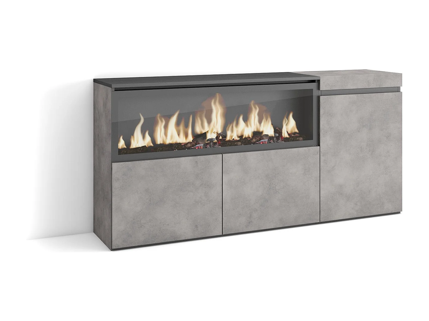 Dressoir, Opbergkast, 158x35x75cm, 3 Deuren, Elektrische haard XXL, Cement