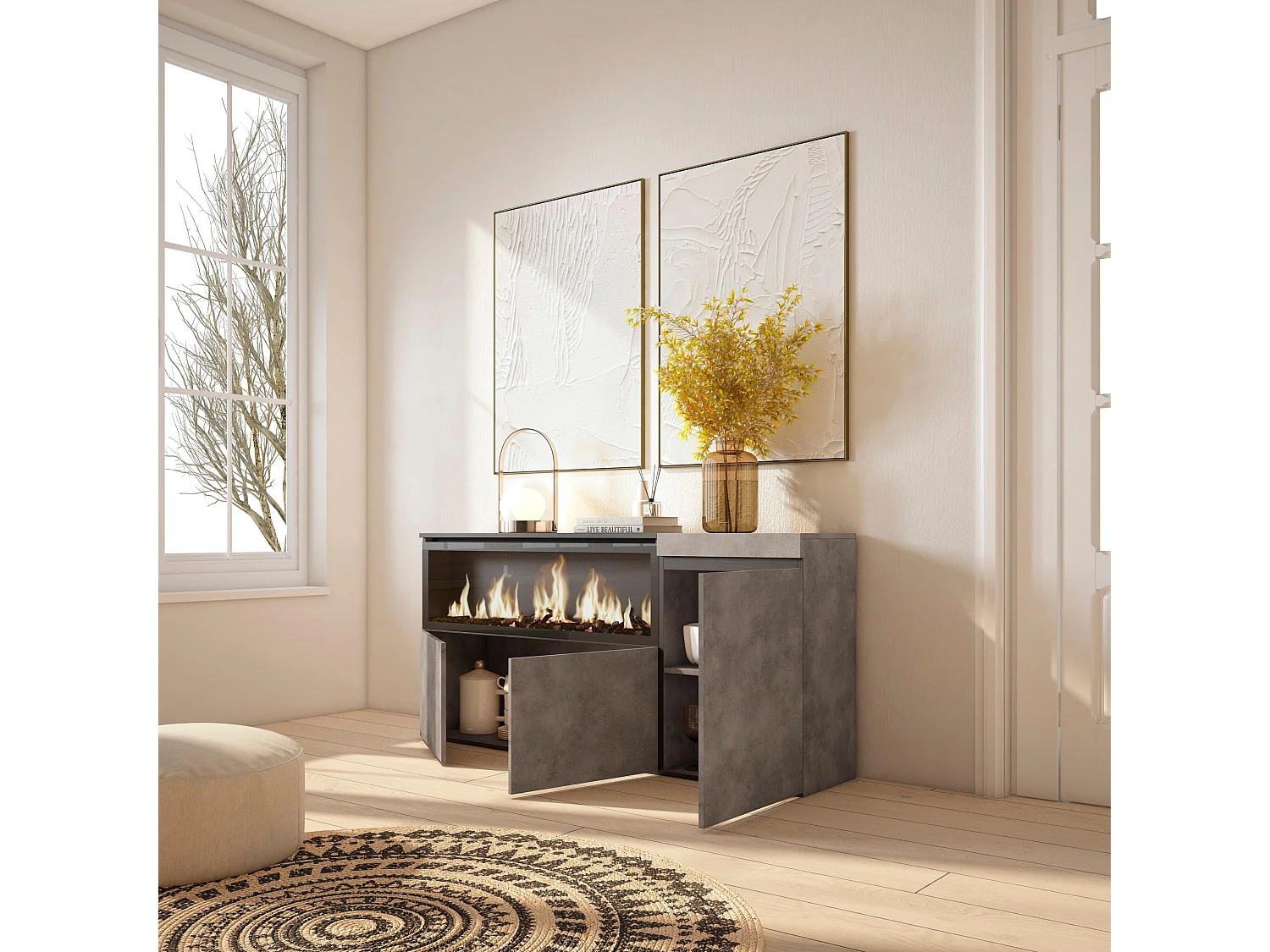 Dressoir, Opbergkast, 158x35x75cm, 3 Deuren, Elektrische haard XXL, Cement