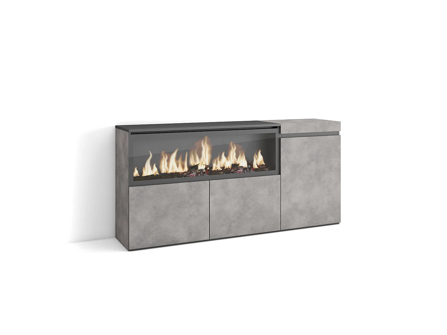 Buffet salon et cuisine, 158x35x75cm, 3 Portes, Cheminée électrique XXL, Ciment