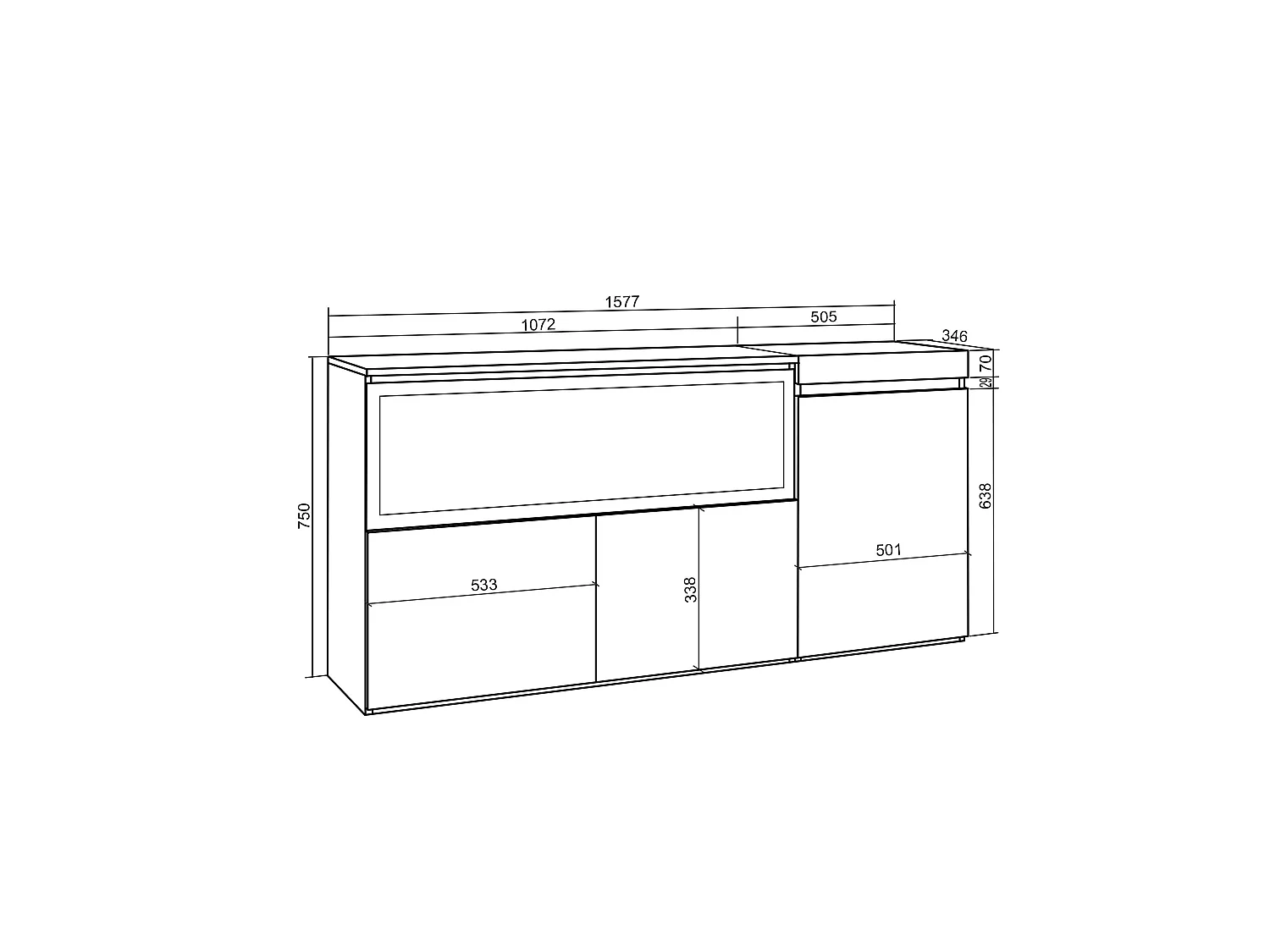 Buffet salon et cuisine, 158x35x75cm, 3 Portes, Cheminée électrique XXL, Ciment