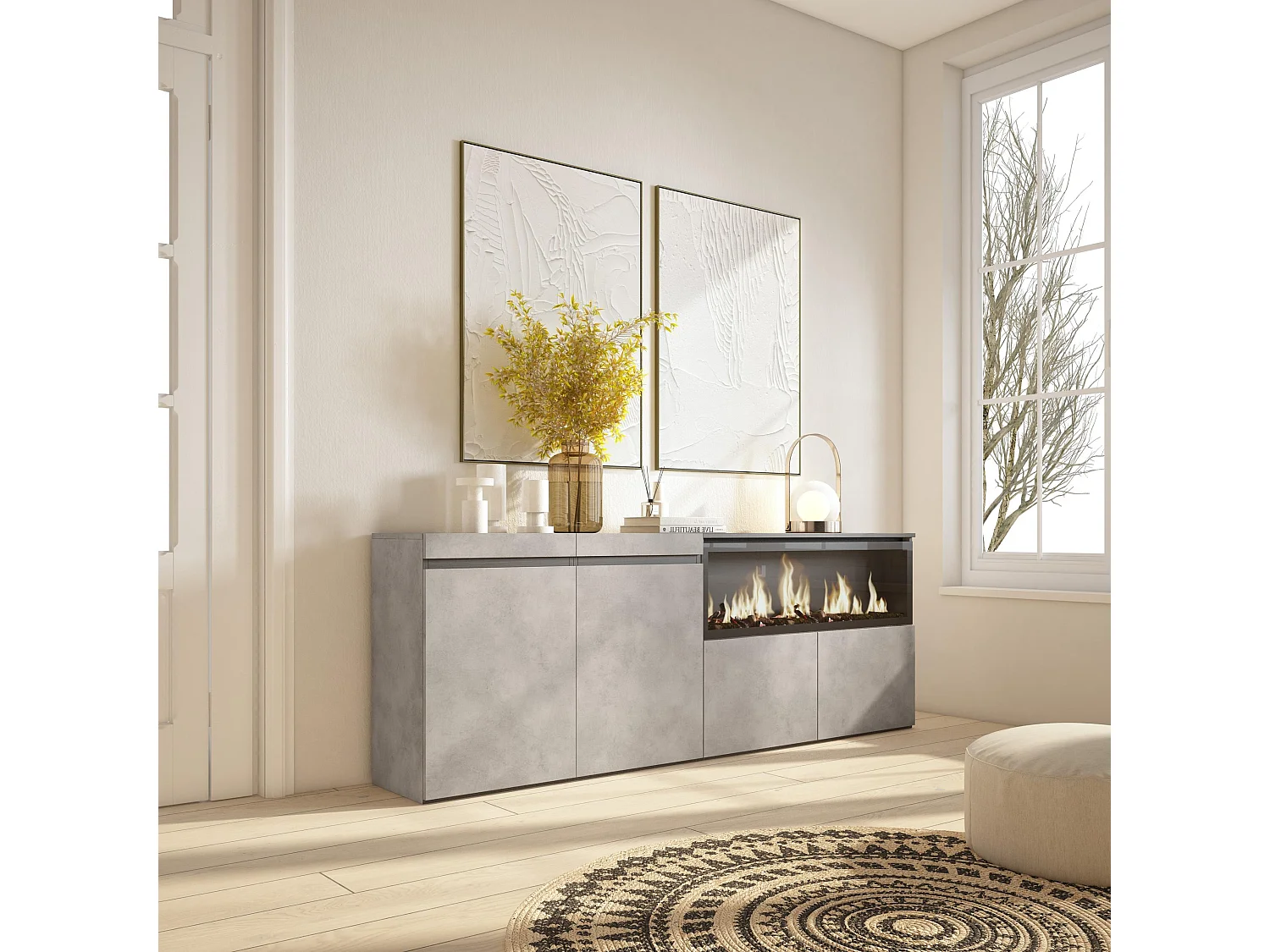 Buffet salon et cuisine, 208x35x75cm, 4 Portes, Cheminée électrique XXL, Ciment