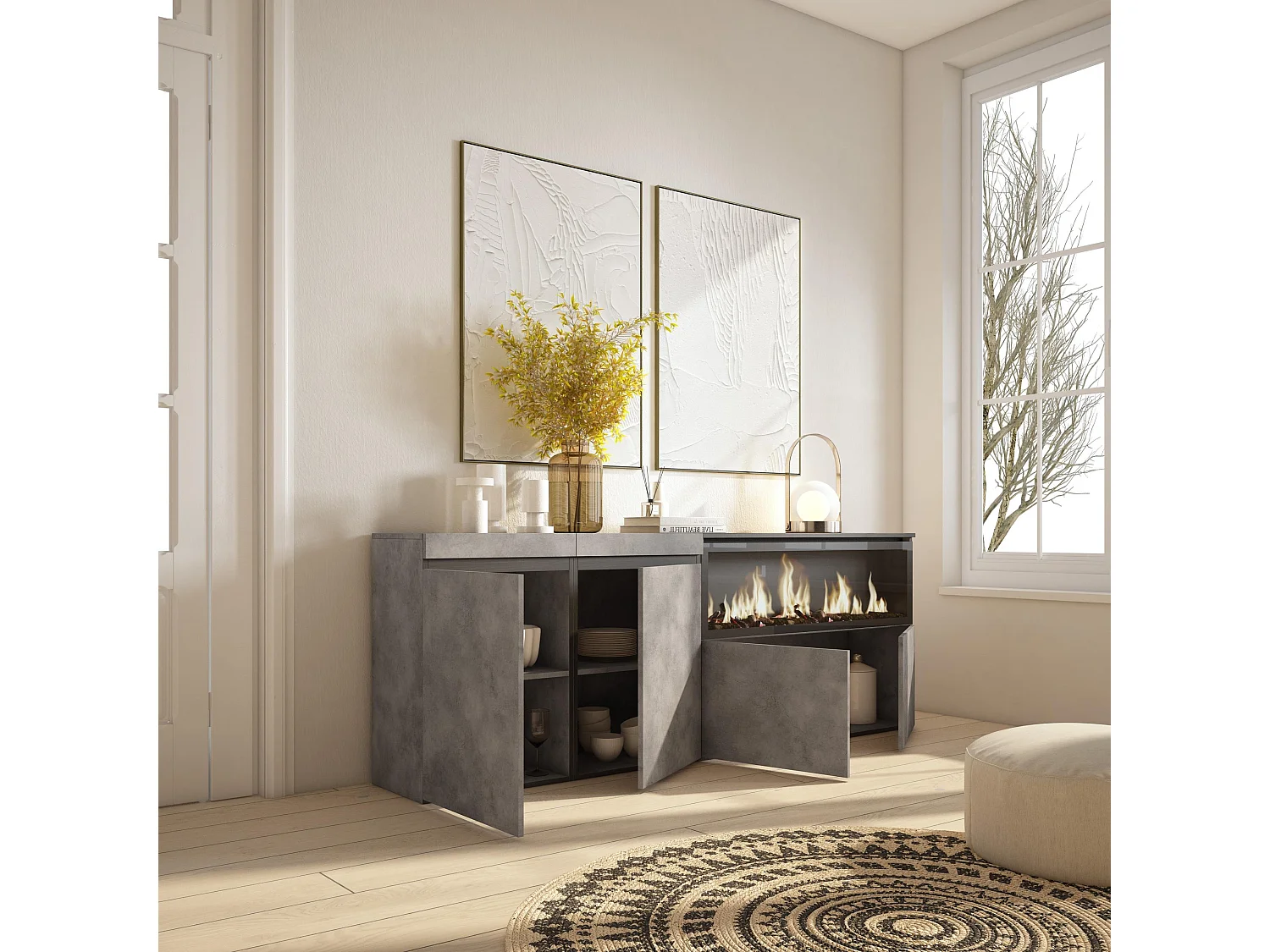 Buffet salon et cuisine, 208x35x75cm, 4 Portes, Cheminée électrique XXL, Ciment