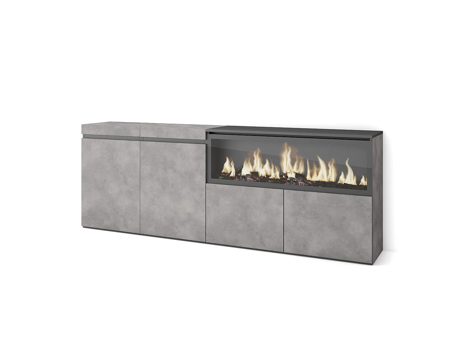 Buffet salon et cuisine, 208x35x75cm, 4 Portes, Cheminée électrique XXL, Ciment