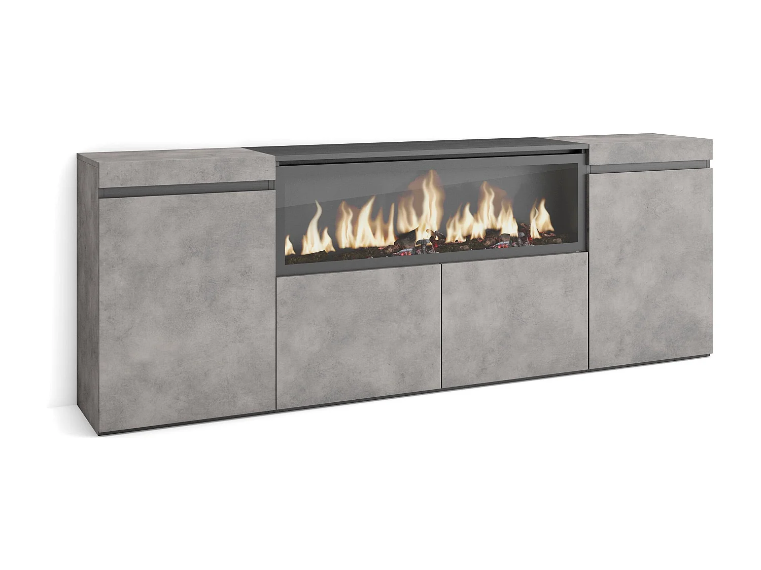 Dressoir, Opbergkast, 208x35x75cm, 4 Deuren, Elektrische haard XXL, Cement