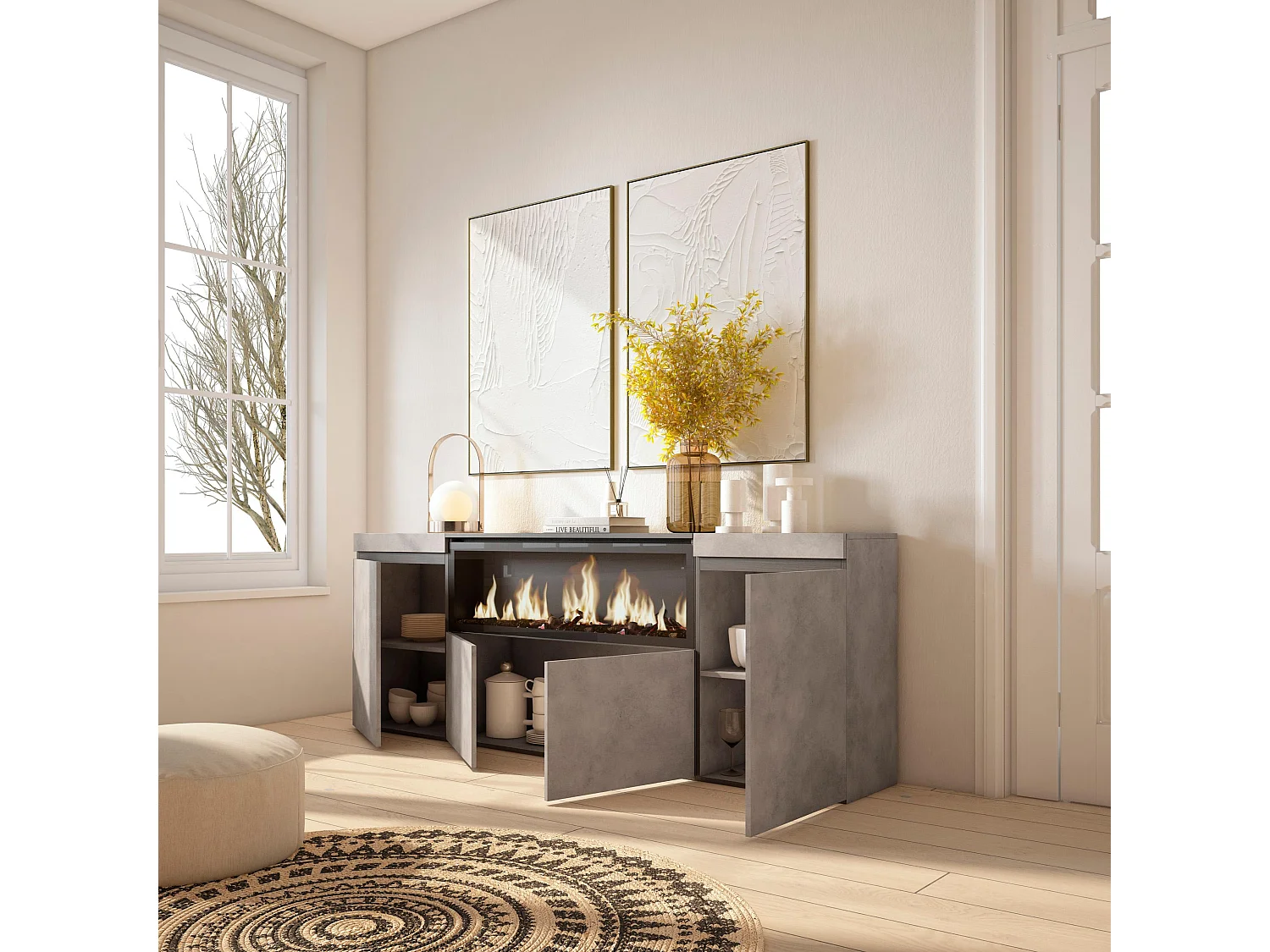 Dressoir, Opbergkast, 208x35x75cm, 4 Deuren, Elektrische haard XXL, Cement