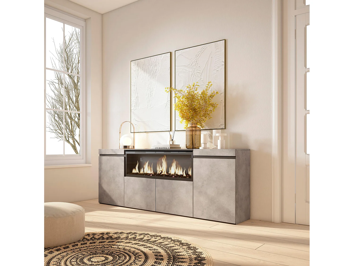 Credenza, Mobile, Cucina, 208x35x75cm, 4 Porte, Camino elettrico XXL, Cemento