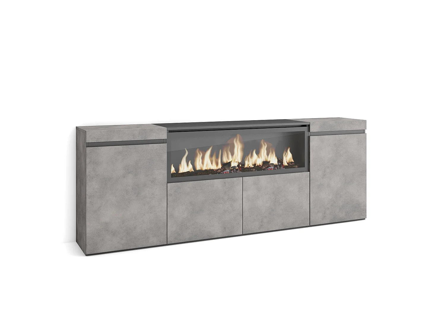 Buffet salon et cuisine, 208x35x75cm, 4 Portes, Cheminée électrique XXL, Ciment